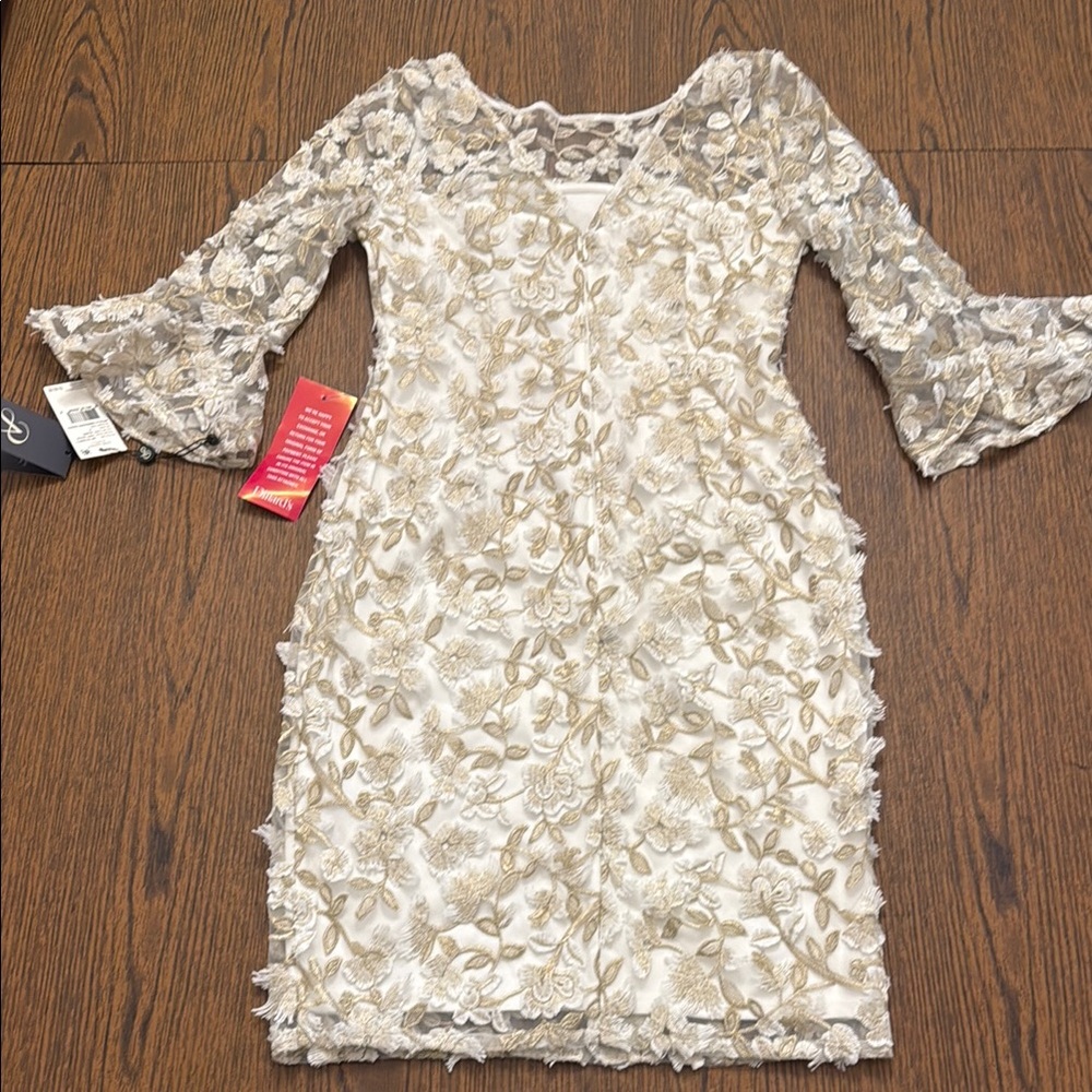 NWT Adrianna Papell Cream and Tan Sheath Dress with Bell Sleeves - Picture 6 of 8